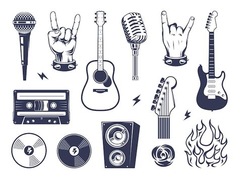 Música rock emblema guitarra micrófonos alas auriculares fuego conjunto