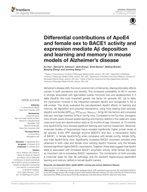 Pdf Differential Contributions Of Apoe4 And Female Sex To Bace1 Activity And Expression