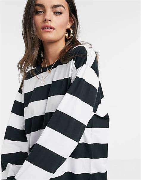 Asos Design Oversized T Shirt Dress With Long Sleeve In Black And White