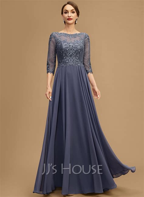 A Line Scoop Illusion Floor Length Chiffon Lace Mother Of The Bride