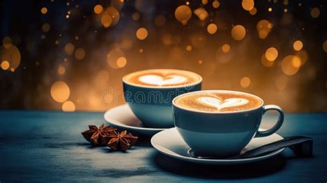 Two Cups Of Coffee With Heart Shaped Foam On The Coffee Table Romantic