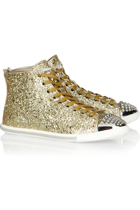 Miu Miu Glittered Leather Hightop Sneakers In Metallic Lyst