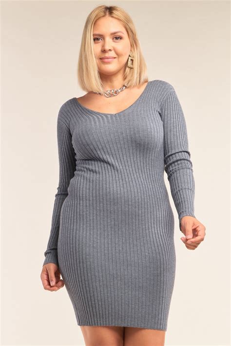 Plus Size V Neck Long Sleeve Ribbed Sweater Bodycon Mini Dress Etsy