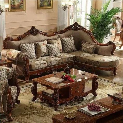 Antique Brown Nrw Wooden Hand Carved L Shape Sofa Set For Home Size