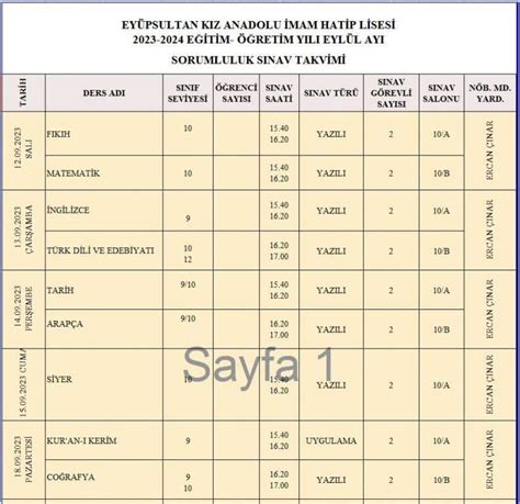 2023 2024 EĞİTİM ÖĞRETİM YILI EYLÜL AYI SORUMLULUK SINAV TAKVİMİ