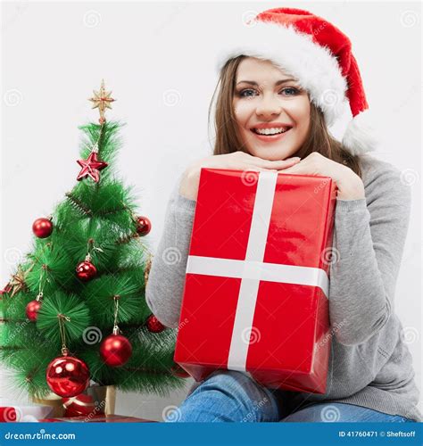 Christmas Santa Hat Isolated Woman Portrait Hold Christmas T Stock