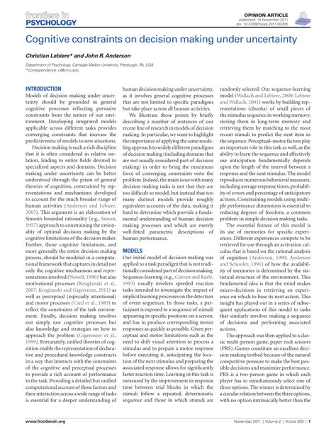 (PDF) Cognitive Constraints on Decision Making under Uncertainty