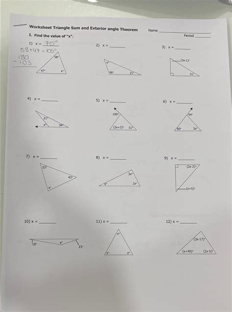 Solved Worksheet Triangle Sum And Exterior Angle Theoremi Chegg