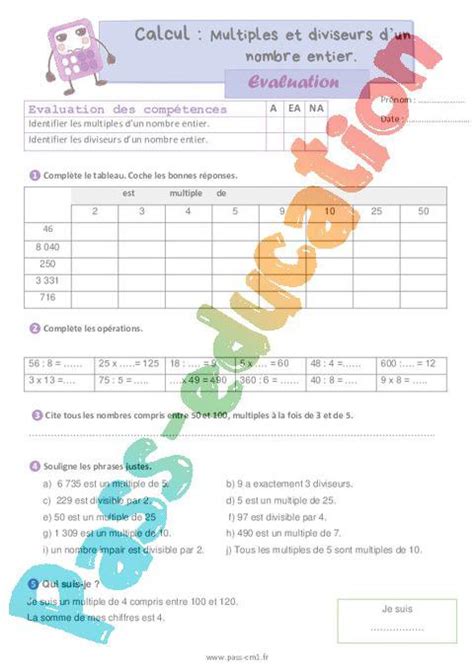 Multiples et diviseurs dun nombre entier Évaluation de calcul pour