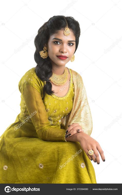 Portrait Beautiful Traditional Indian Girl Posing White Background