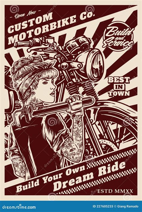 Vector Of Pin Up Girl With A Retro Motorcycle Poster Design Stock