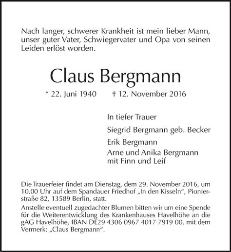 Traueranzeigen Von Claus Bergmann Tagesspiegel Trauer