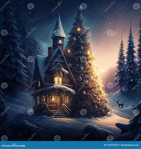 Christmas Tree on a Old Cabin in Snow Digital Art Stock Illustration ...