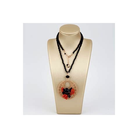 Collier Agata Nera Con Pendente Corallo Rosso E Agata Nera Pz Unico