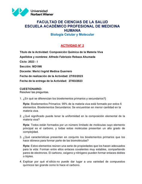 Actividad 2 ComposiciÓn QuÍmica De La Materia Viva Facultad De Ciencias De La Salud Escuela