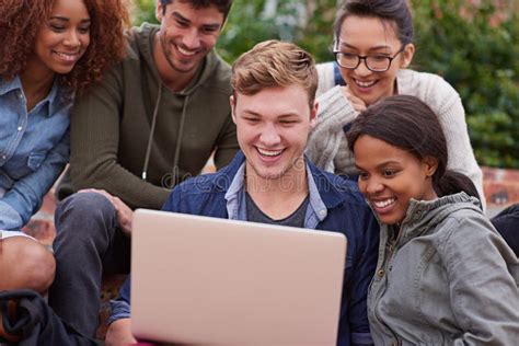 Computer Laughing And Group Of Students Outdoor In University Learning