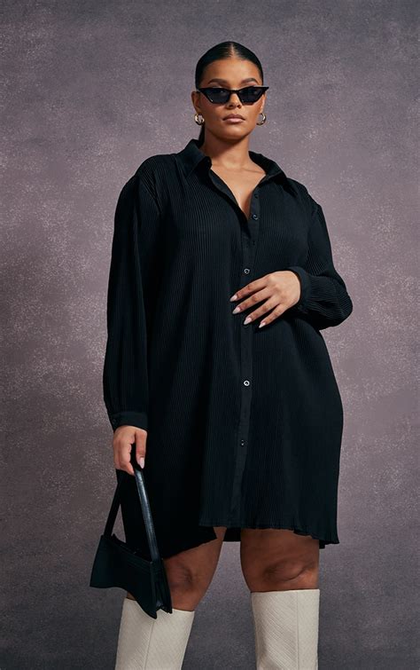 Plus Black Plisse Oversized Shirt Dress Plus Size Prettylittlething