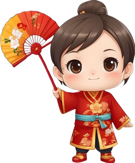 Ai Generated Chinese New Year Cartoon Kid Holding A Fan 35544567 Png