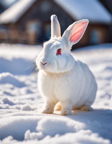 Conejo Blanco Con Ojos Rojos En El Campo De Nieve Foto Premium