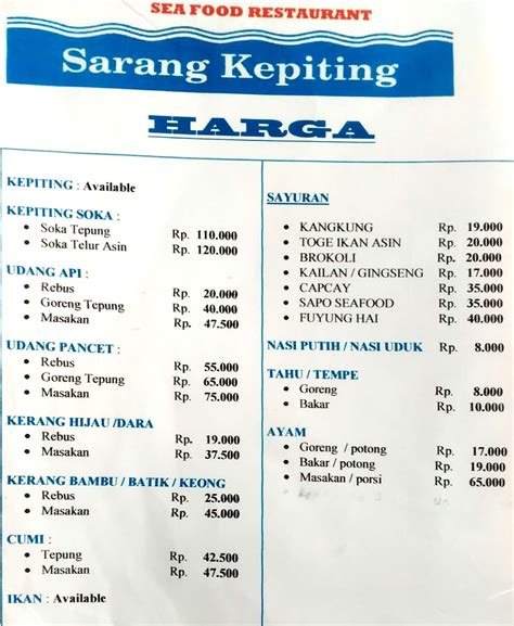 Harga Menu Seafood Restaurant Sarang Kepiting Terbaru Di