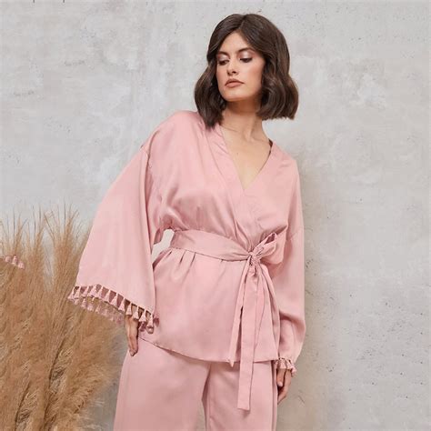 Womens Tassel Long Sleeves Satin Pajamas Pieces Robe Set Pink Pajama