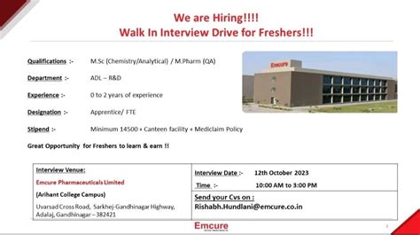 Emcure Walk In Interview Drive For Freshers 12th October 2023 PHARMA