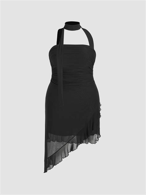 Mesh Jersey Ruched Ruffle Hem Halter Mini Dress Curve And Plus For Date