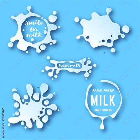 Milk Blots Set White Smudges Splashes Drops On Blue Background Organic Natural Farm Fresh Milk