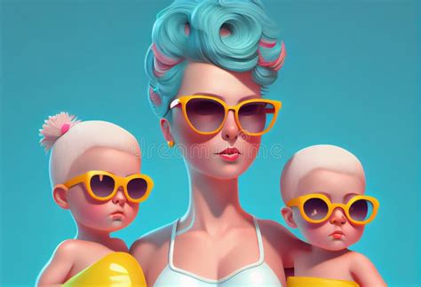 Mommy And Girls In Swimsuits With A Towel On Hair And Sunglasses 3d