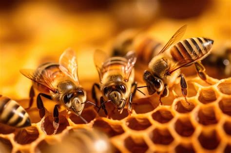 Grupo De Abejas De Pie Una Al Lado De La Otra Dentro De Un Panal De