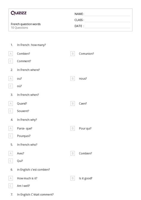50 French Worksheets For 8th Year On Quizizz Free And Printable