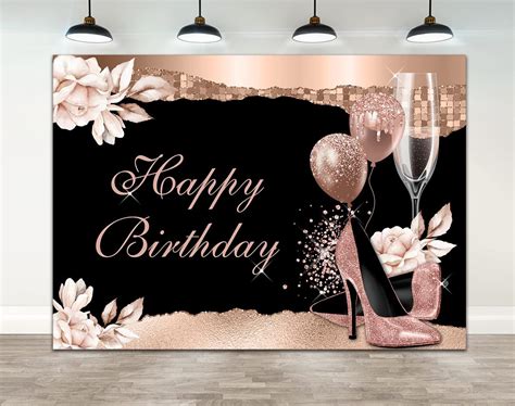 Ticuenicoa 7×5ft Rose Gold Happy Birthday Backdrop Glitter Bokeh Boho Floral Black Women