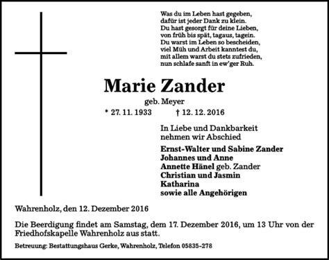 Traueranzeigen Von Marie Zander Trauer Anzeigen De