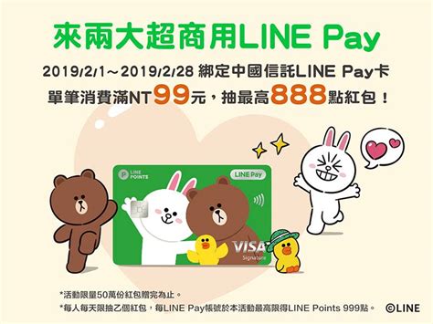 兩大超商用line Pay綁定中國信託line Pay卡，單筆消費滿nt99元抽最高888點紅包！