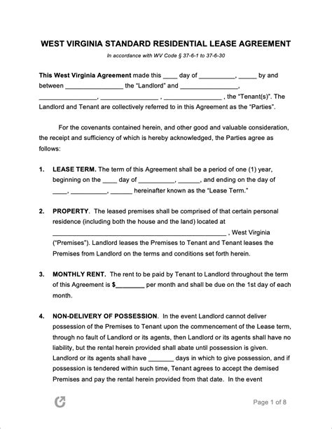 Free West Virginia Standard Residential Lease Agreement PDF WORD