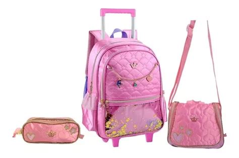 Kit Mochila Rodinha Lancheira Estojo Sweet Queen Rosa