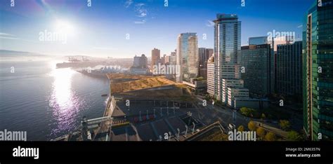 Aerial view downtown Vancouver Harbour skyline, British Columbia ...