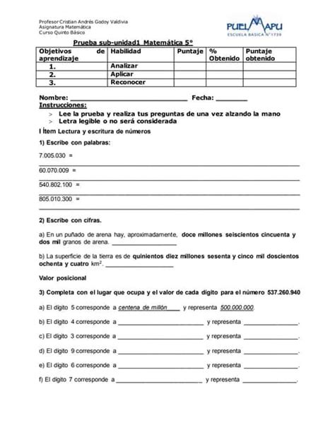 Prueba Diagnostico Matematica 5to