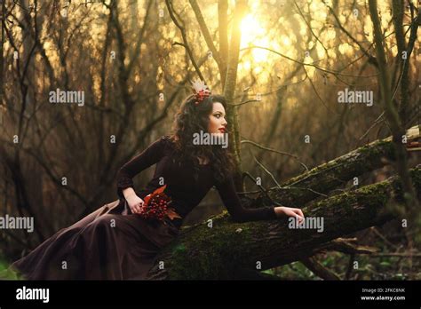 Beautiful Brunette Sitting In A Mysterious Forest Stock Photo Alamy