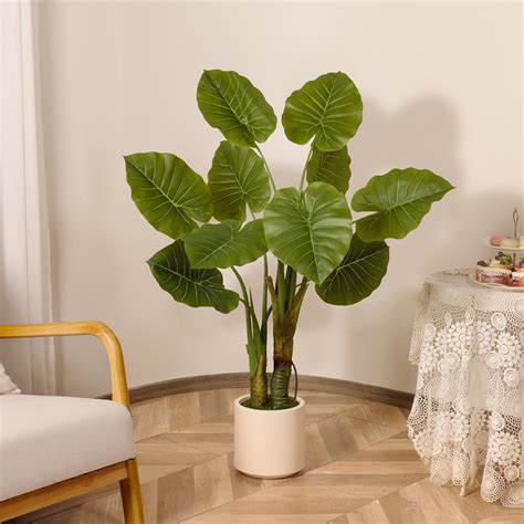 Primrue Faux Banana Leaf Plant In White Planter Lifelike Fake Green