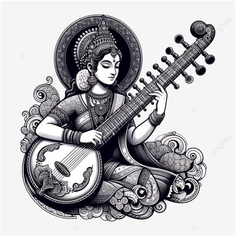 Saraswati Devi Black And White Clip Art India Basant Panchami