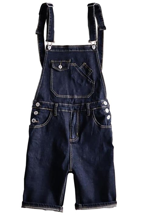 Men S Dark Blue Denim Knee Length Bib Overalls Shorts Denim Fit