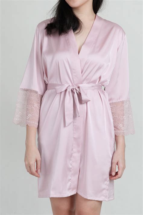 Lace Trimmed Satin Robe In Pale Blush Parsealed