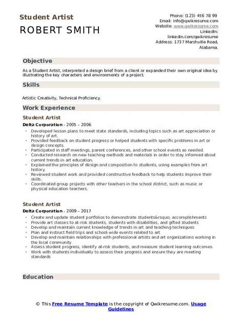 Student Artist Resume Samples Qwikresume