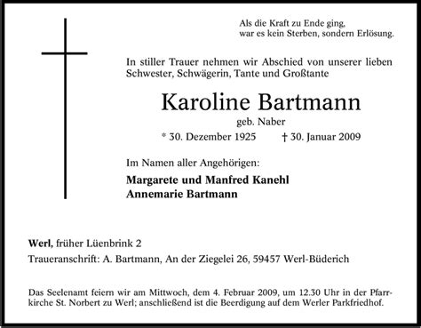 Traueranzeigen Von Karoline Bartmann Trauer In NRW De