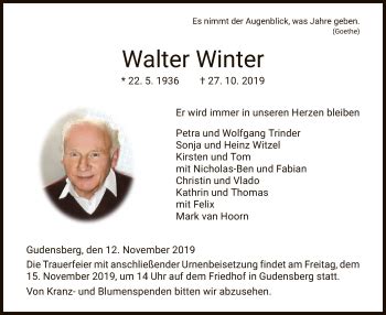 Traueranzeigen Von Walter Winter Trauer Hna De