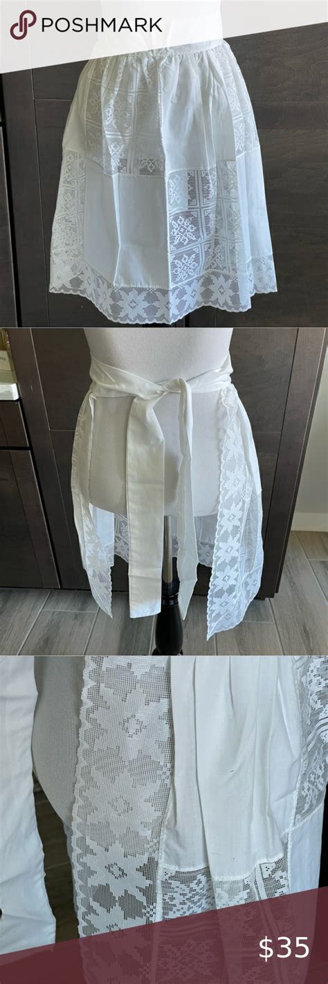 Vintage 1950s Beautiful Handmade White Lace Half Apron Tie Back Hand