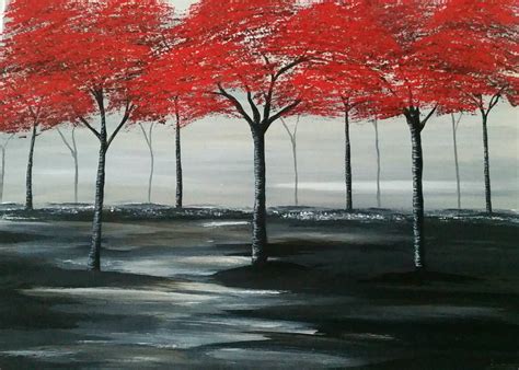 Original Abstract Red Tree Painting Landscape Black And Etsy Tree