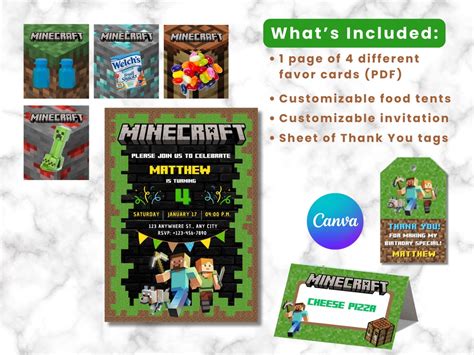 Minecraft Birthday Party Bundle Mine Craft Invitation Food Tents Thank