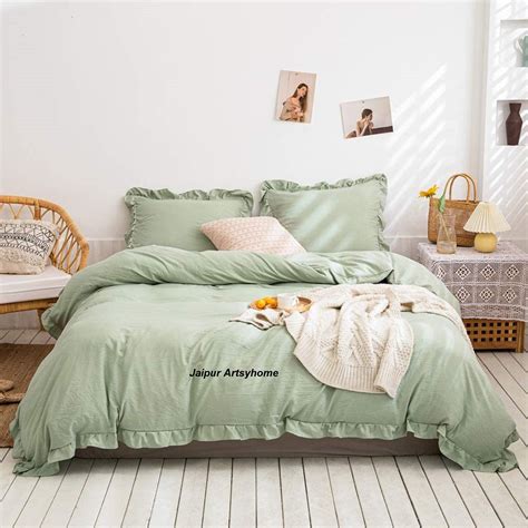 Sage Green Color Washed Cotton Duvet Cover With Ruffle Duvet Etsy